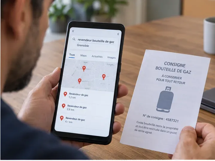 Un utilisateur recherche un revendeur de bouteilles de gaz à Grenoble sur son téléphone en tenant un document de consigne