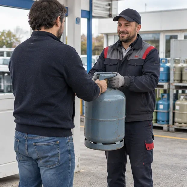 Un particulier remet une bouteille de gaz intacte à un employé d’un point de vente disposant d’autres bouteilles en arrière-plan.