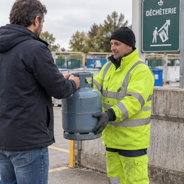 Un agent de centre de recyclage en tenue haute visibilité reçoit directement une bouteille de gaz des mains d’un usager.