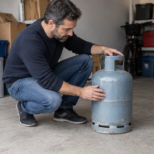 Un particulier examine une bouteille de gaz ancienne dans un garage afin d’identifier son état et sa marque avant de choisir une filière de reprise.
