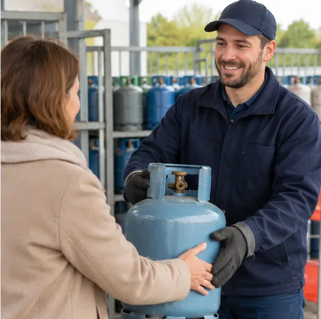 Une cliente remet une bouteille de gaz à un employé dans un point de reprise équipé de racks de bouteilles