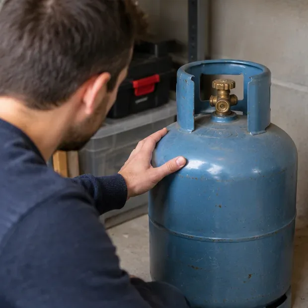 Une personne examine une bouteille de gaz bleue et son robinet avant de choisir une filière de reprise à Lille