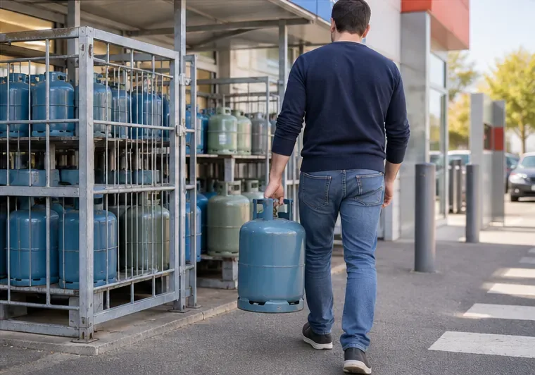 Un particulier apporte une bouteille de gaz à un point de vente équipé d’un casier de stockage pour bouteilles
