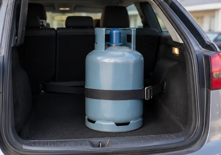 Bouteille de gaz maintenue dans le coffre d’une voiture par une sangle pour éviter qu’elle ne roule pendant le trajet