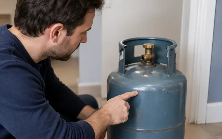 Un particulier examine une bouteille de gaz métallique afin d’identifier sa marque et son état avant de la restituer