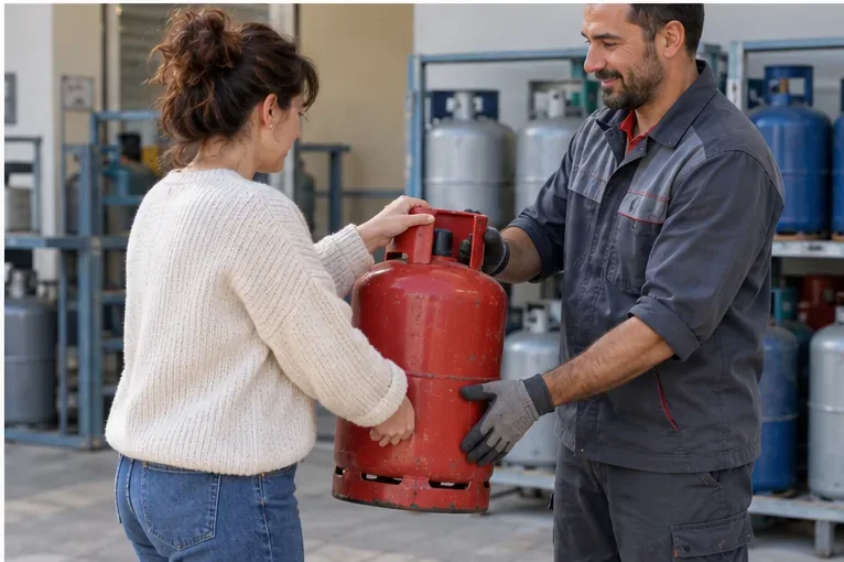 Un employé remet une bouteille de gaz à une cliente dans un espace de reprise chez un revendeur