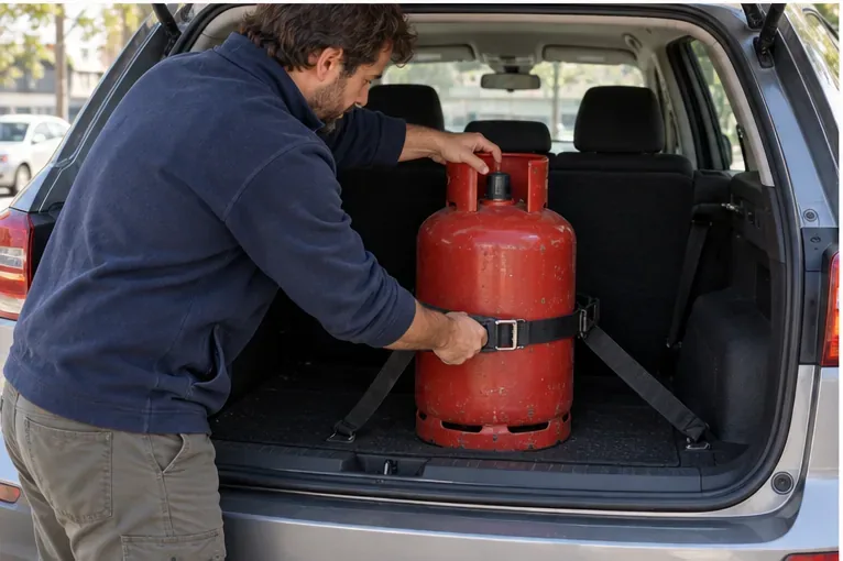 Un automobiliste attache une bouteille de gaz en position verticale dans le coffre de sa voiture