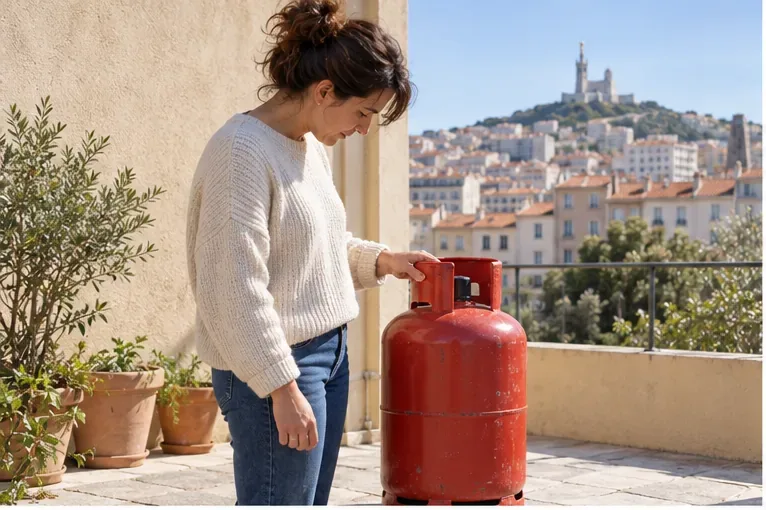 Une habitante examine une bouteille de gaz rouge debout sur une terrasse marseillaise