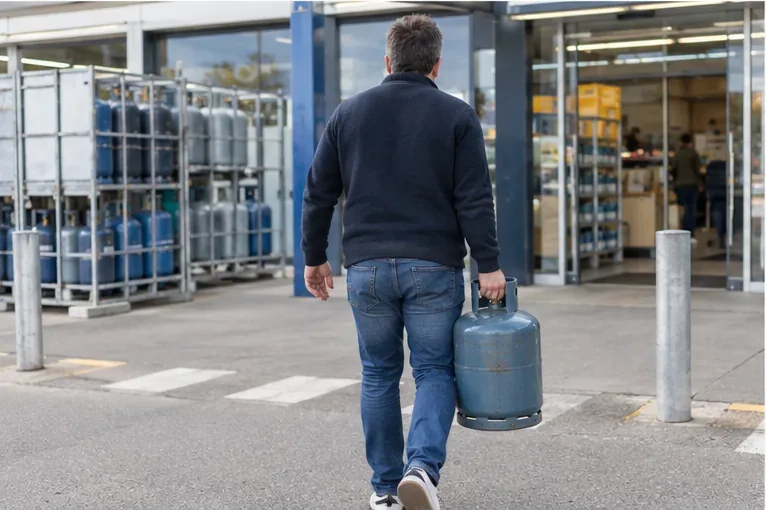 Un particulier transporte une bouteille de gaz vers un point de vente qui dispose d'un espace de stockage pour bouteilles consignées.