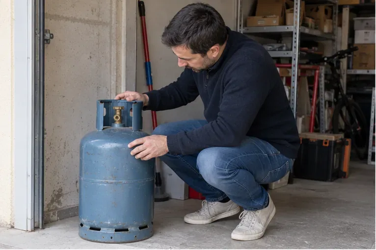 Un particulier examine une ancienne bouteille de gaz avant de préparer son retour chez un distributeur.
