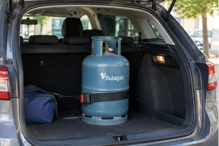 Une bouteille de gaz placée debout dans le coffre d’une voiture et maintenue par une sangle.
