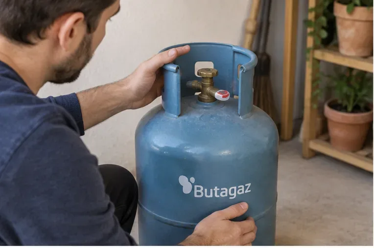 Une personne vérifie une bouteille de gaz avant de la rapporter, en observant le robinet et l’état général du récipient.