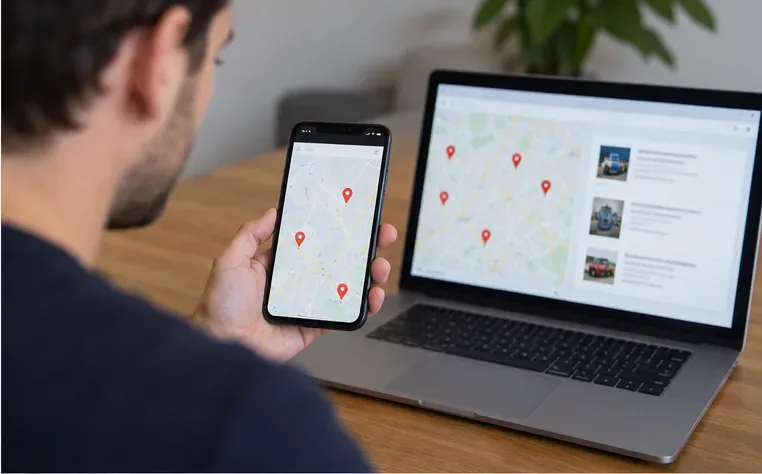Un particulier consulte sur téléphone et ordinateur une carte de points de vente pour retrouver un lieu de reprise de la marque de sa bouteille.