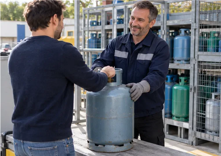 Un particulier remet sa bouteille de gaz à un professionnel dans un point de vente équipé pour le stockage des bouteilles.