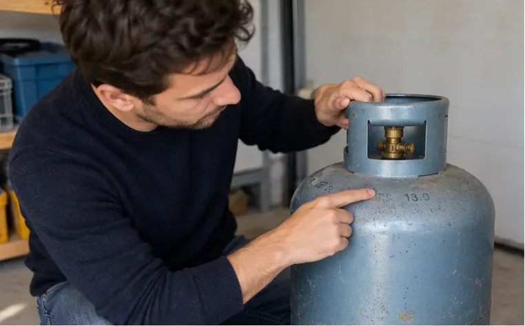 Un particulier examine le marquage et le robinet d’une bouteille de gaz avant de chercher où la rapporter à Nantes.