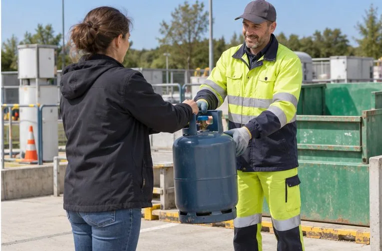 Dans une aire de réception extérieure, un agent en tenue haute visibilité prend une bouteille de gaz debout auprès d’une habitante.