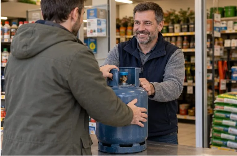 Dans un commerce, un client tend une bouteille de gaz bleue à un employé derrière un comptoir.