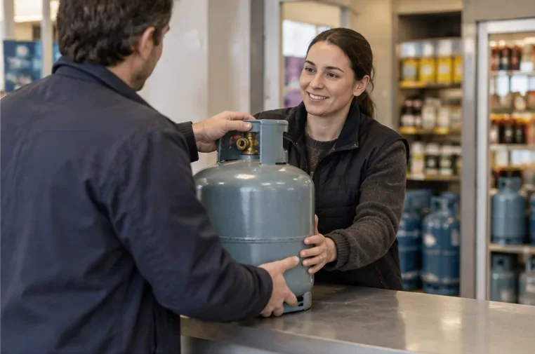 Un client remet une bouteille de gaz à une employée derrière le comptoir d’un point de vente.