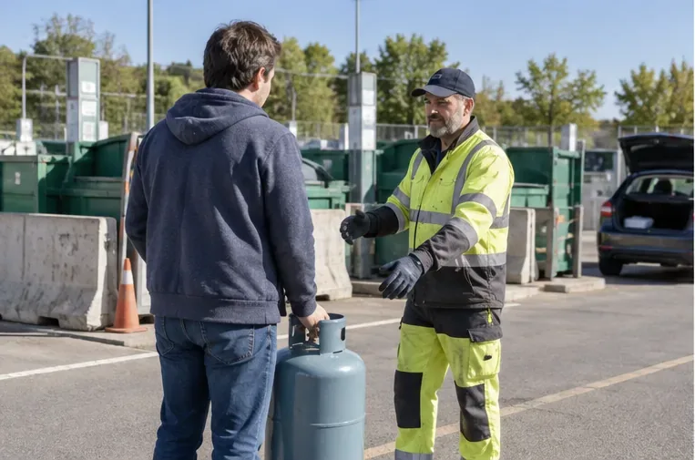 Un particulier arrive avec une bouteille de gaz auprès d’un agent dans une déchèterie équipée de zones de dépôt séparées.