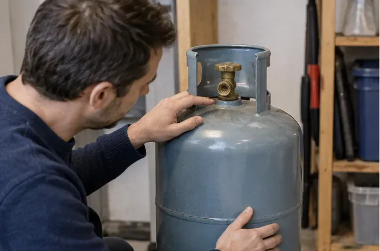 Un particulier examine le robinet et l’état extérieur d’une bouteille de gaz avant de choisir une filière de reprise.