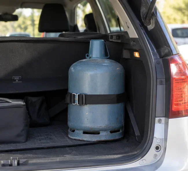 Bouteille de gaz placée debout dans le coffre d’une voiture et maintenue par une sangle