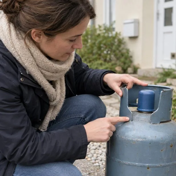 Une personne examine le marquage sur le dôme d’une bouteille domestique de gaz fermée