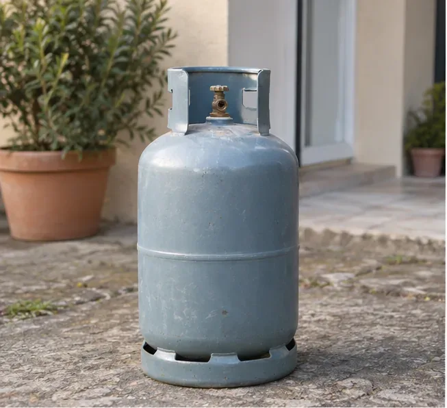 Bouteille de gaz métallique posée debout sur une terrasse, prête à être identifiée avant sa restitution