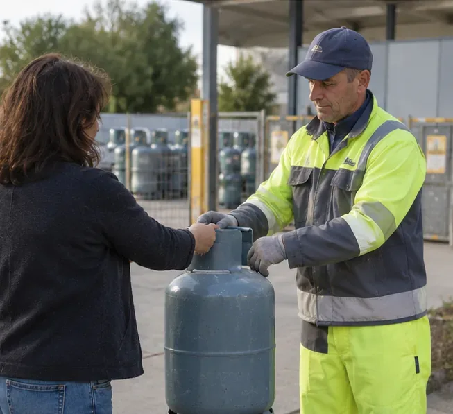 Particulier remettant une bouteille de gaz à un agent équipé de gants dans une zone de collecte extérieure