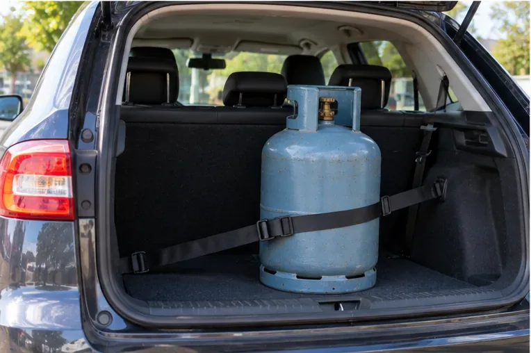 Bouteille de gaz calée et maintenue par une sangle dans le coffre d’une voiture