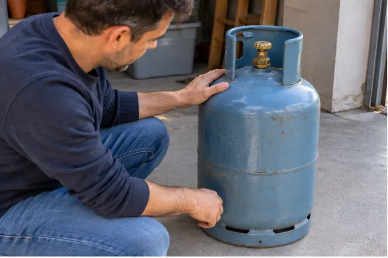 Un particulier examine une bouteille de gaz bleue usagée avant son retour