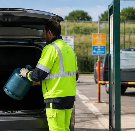 Une personne en tenue haute visibilité tient une bouteille de gaz devant le coffre ouvert d’une voiture.