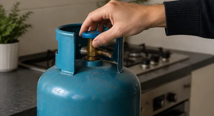 Une main tient le volant bleu du robinet d’une bouteille de gaz, à côté d’une cuisinière éteinte.