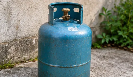 Bouteille de gaz métallique bleue posée debout à l’extérieur, avec une étiquette sur sa partie haute et un robinet entouré d’une collerette.