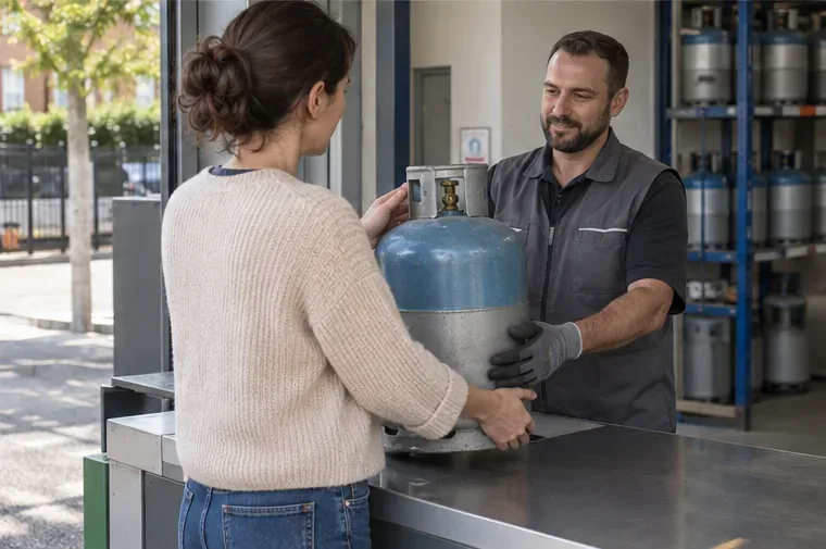 Une bouteille de gaz est remise à un employé derrière le comptoir d’un point de vente équipé de bouteilles.