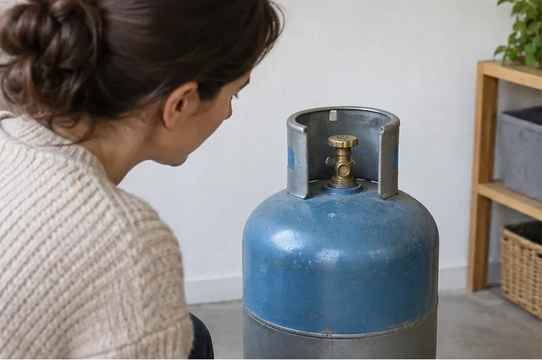 Une personne vérifie la marque et l’état extérieur d’une bouteille de gaz posée debout, sans intervenir sur le robinet.