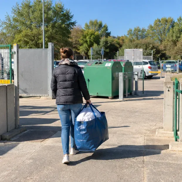 Personne transportant une couette dans un sac vers une zone de déchèterie