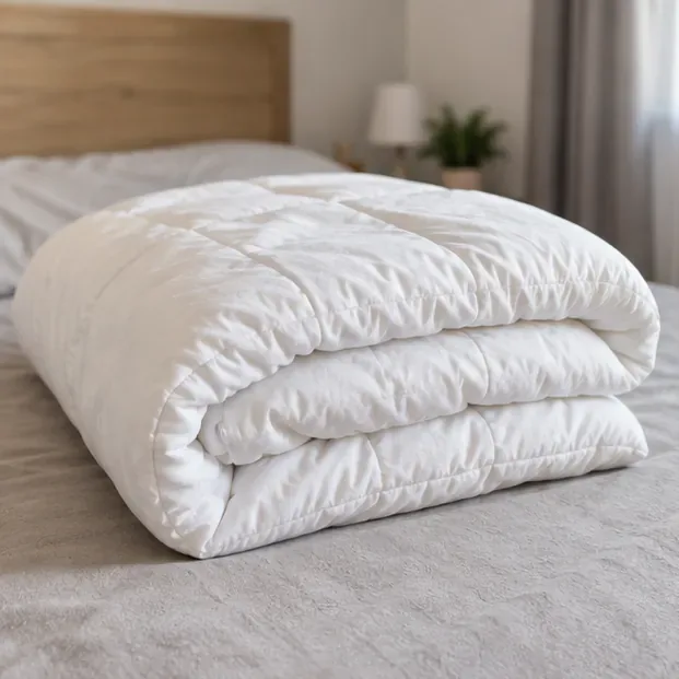 Couette blanche propre et pliée sur un lit avant d'être donnée ou recyclée