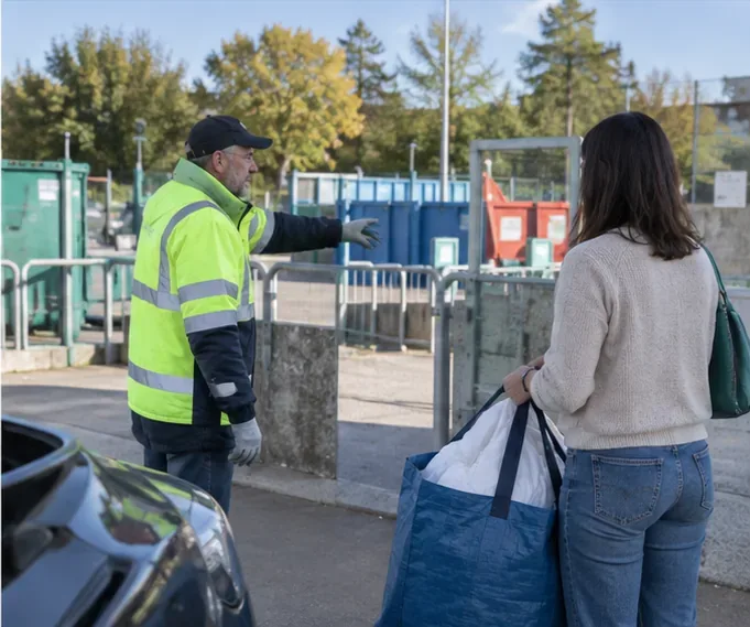 Une usagère tenant un sac rempli d’une couette échange avec un agent en gilet haute visibilité à l’entrée d’une déchèterie.