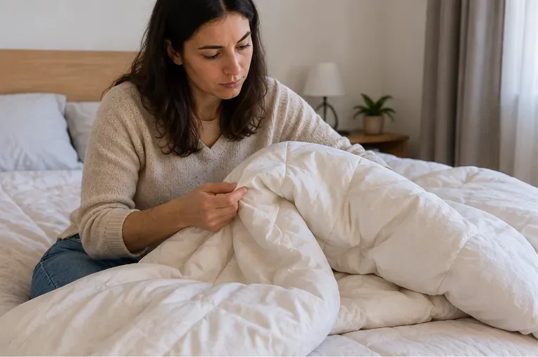 Une personne examine une couette blanche sur un lit pour vérifier son état avant de décider entre réemploi et dépôt en déchèterie.