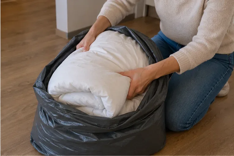 Une couette blanche pliée est placée dans un grand sac résistant afin de faciliter son transport jusqu’à la déchèterie.