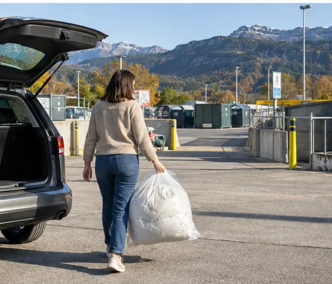 Une personne transporte un sac contenant une couette depuis le coffre d’une voiture vers une déchèterie, avec un paysage montagneux en arrière-plan.