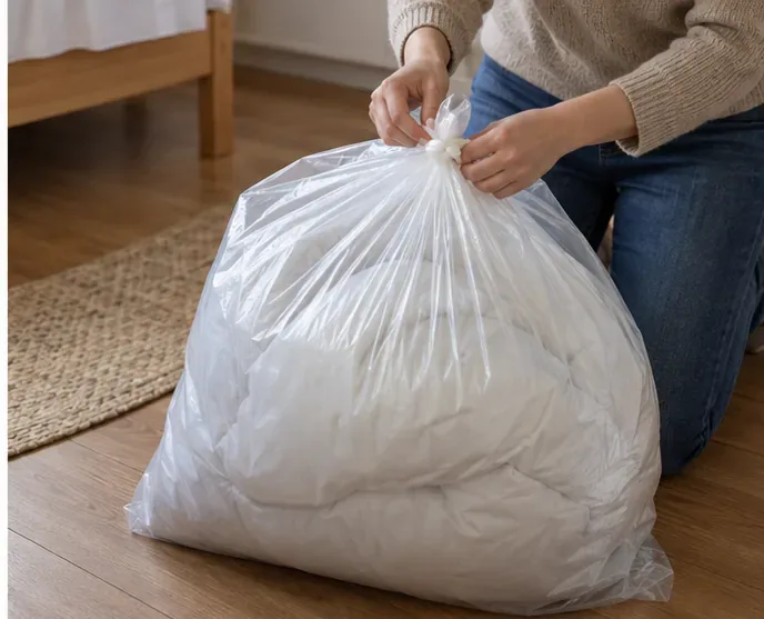 Une couette blanche est compactée dans un grand sac transparent dont l’ouverture est nouée et fermée.