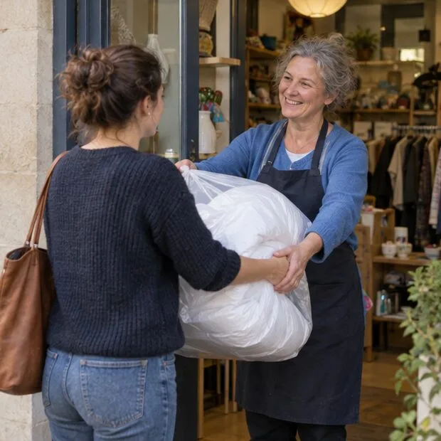 Une bénévole reçoit une couette blanche pliée dans un sac à l’entrée d’une boutique de réemploi.
