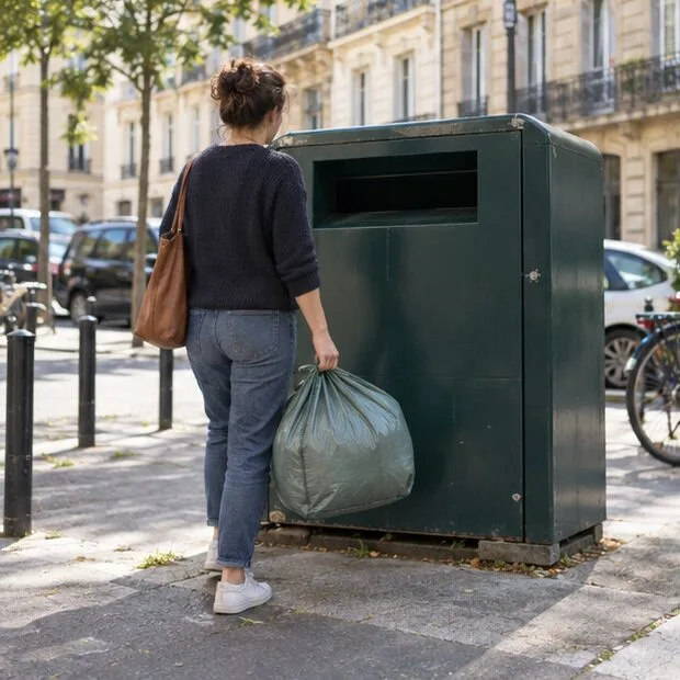 Une personne transporte un sac fermé contenant une couette pliée vers une grande borne textile de quartier.
