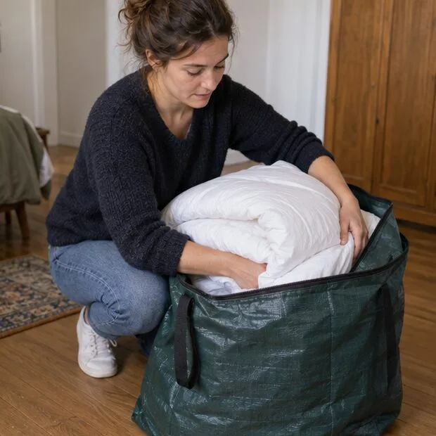 Une personne place une couette blanche pliée dans un grand sac de collecte dont l’ouverture est encore ouverte.