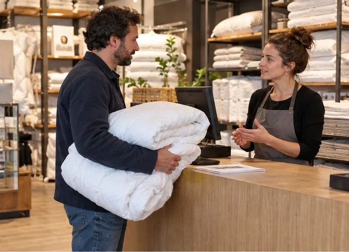 Un client apporte une couette pliée au comptoir d’un magasin de literie où une vendeuse l’accueille.