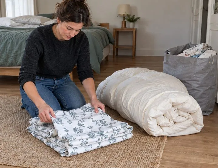 Une femme sépare une housse de couette en tissu propre d’une couette rembourrée posée à côté.