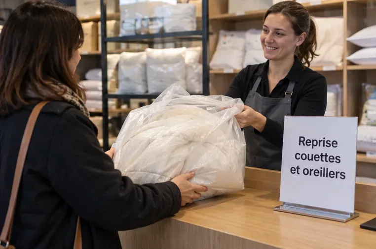 Une cliente remet une couette emballée à une employée d’un magasin de literie disposant d’un service de reprise des couettes et oreillers.