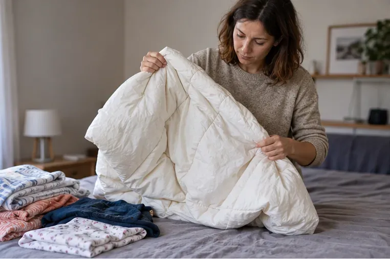Une personne examine une couette blanche sur un lit afin de vérifier son état avant de choisir entre réemploi et recyclage.