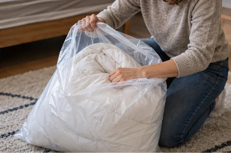 Une couette blanche pliée est placée dans un grand sac transparent fermé pour faciliter son transport vers un point de reprise.
